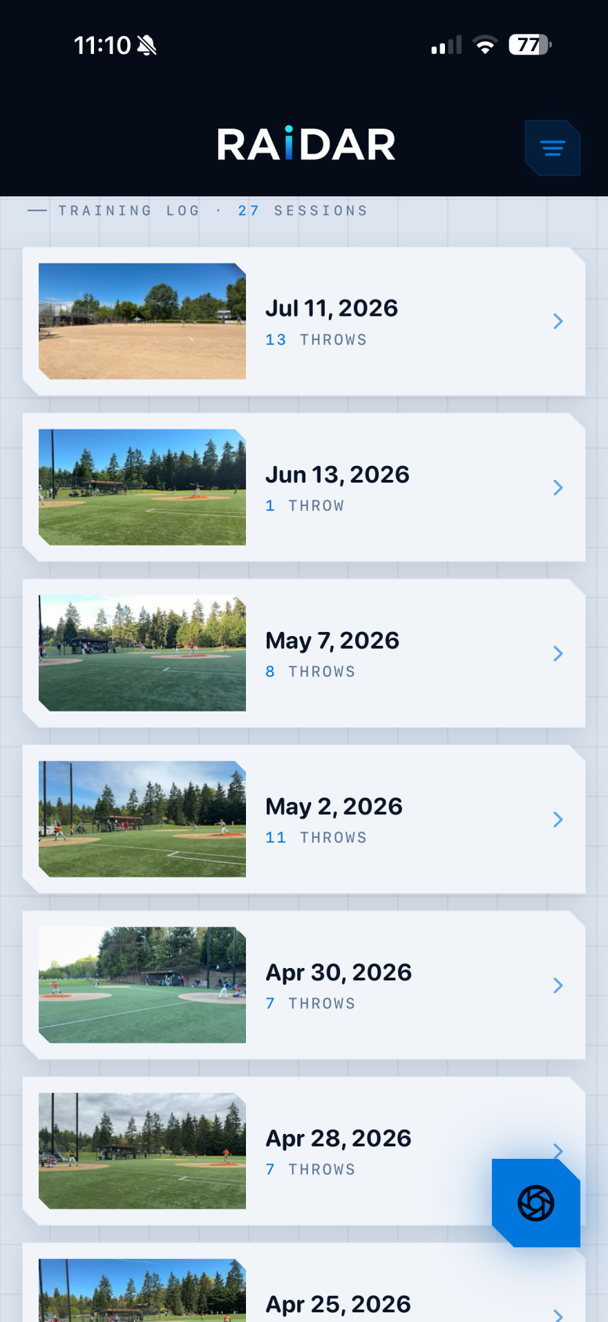 RAiDAR training log showing recorded sessions and throw counts