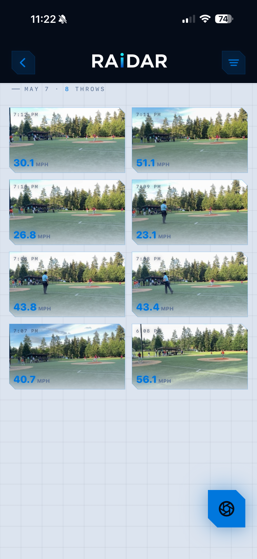 RAiDAR session detail showing individual throws with velocity readings