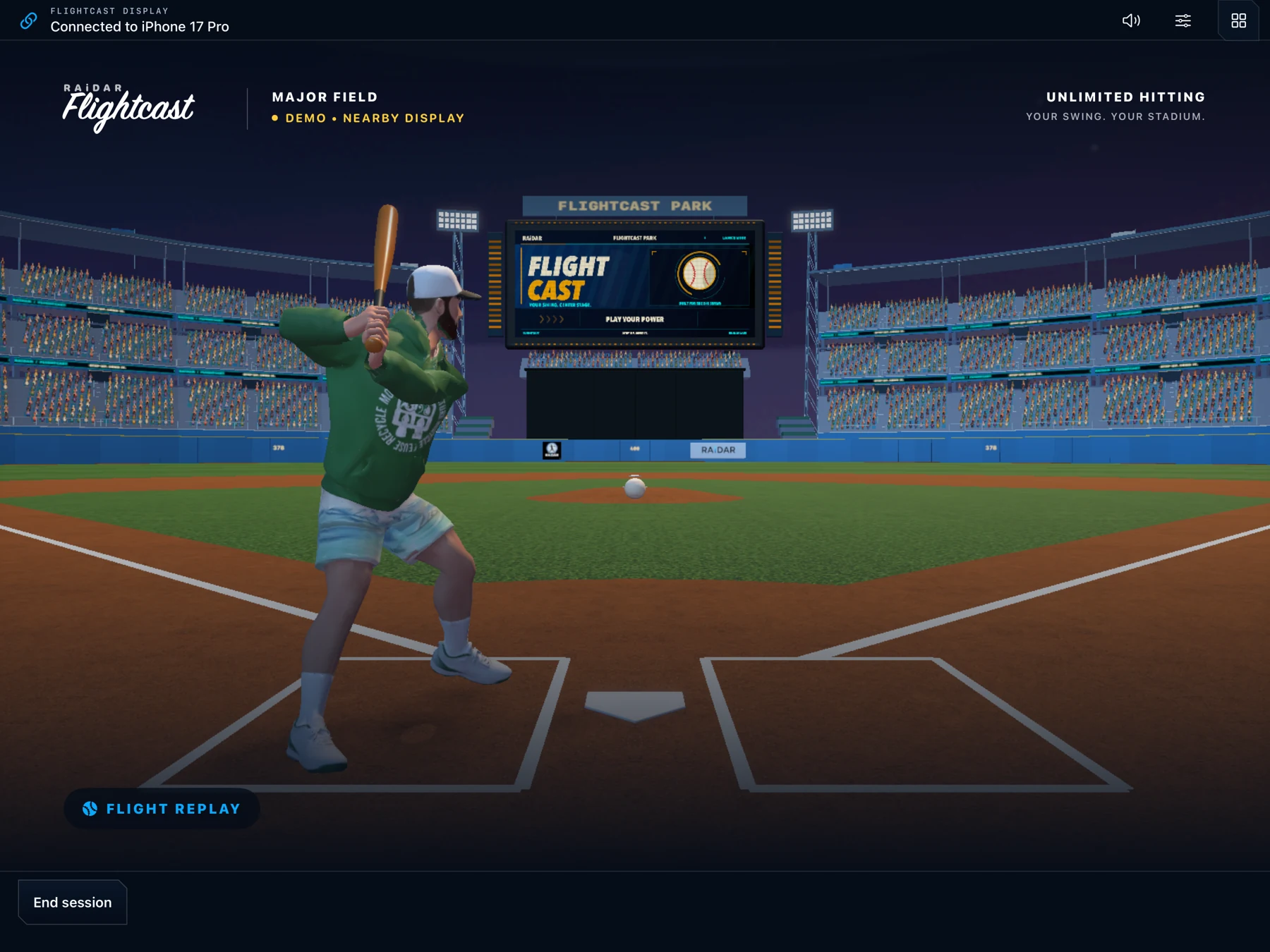 RAiDAR running in iPad Display mode, connected to an iPhone and showing the Flightcast stadium