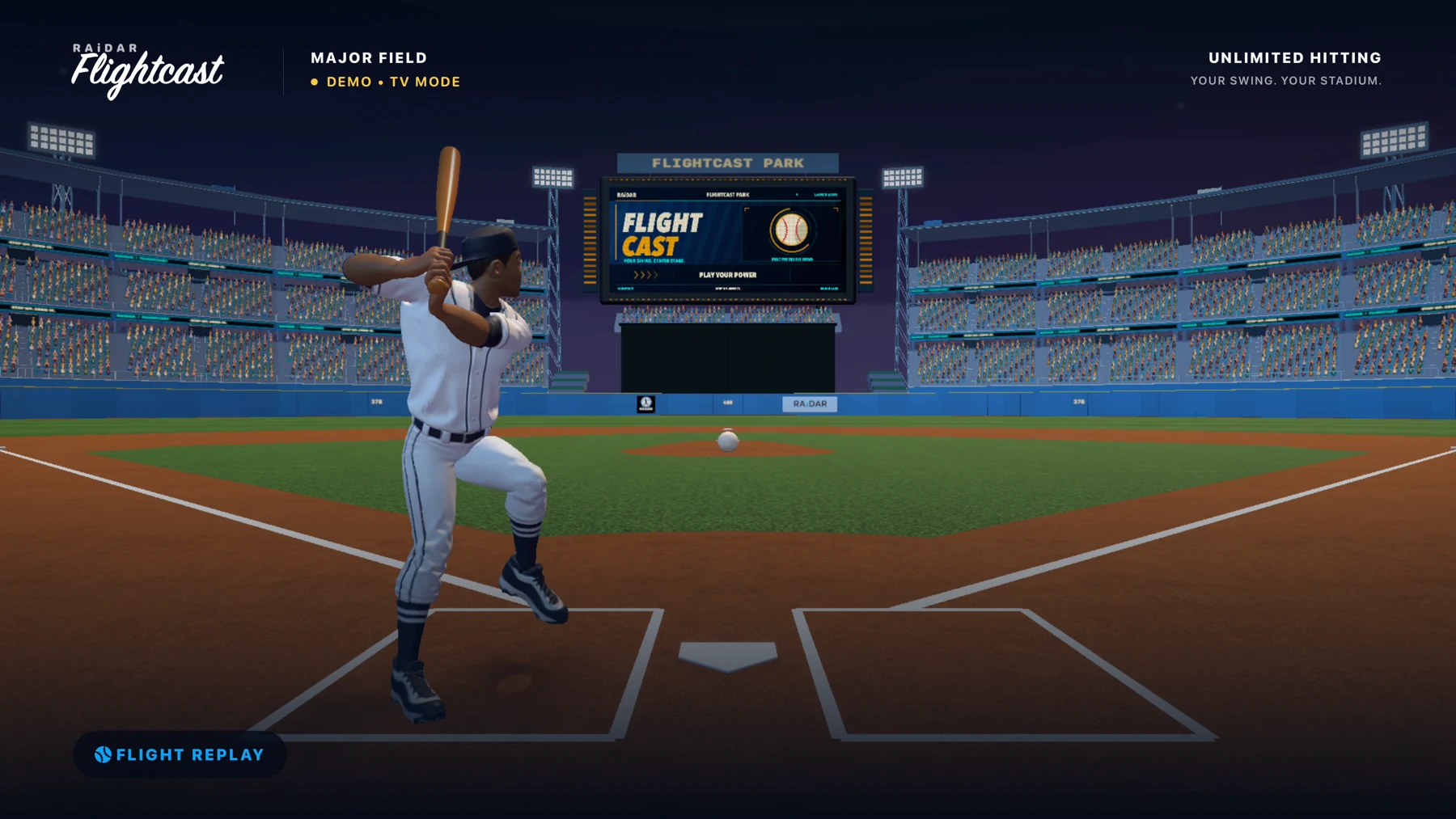 Native Flightcast stadium demo showing a batter taking a swing