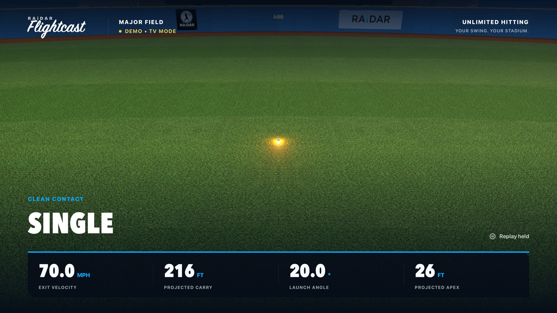 Flightcast native TV demo with a SINGLE result, estimated exit velocity and projected carry